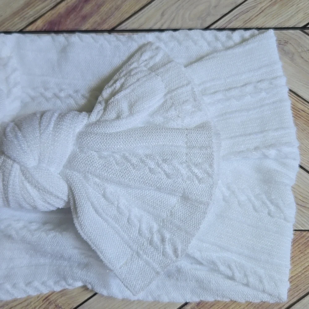 White Cable Knit Baby Bow Headband Soft Stretch Nylon Infant & Toddler Headwrap